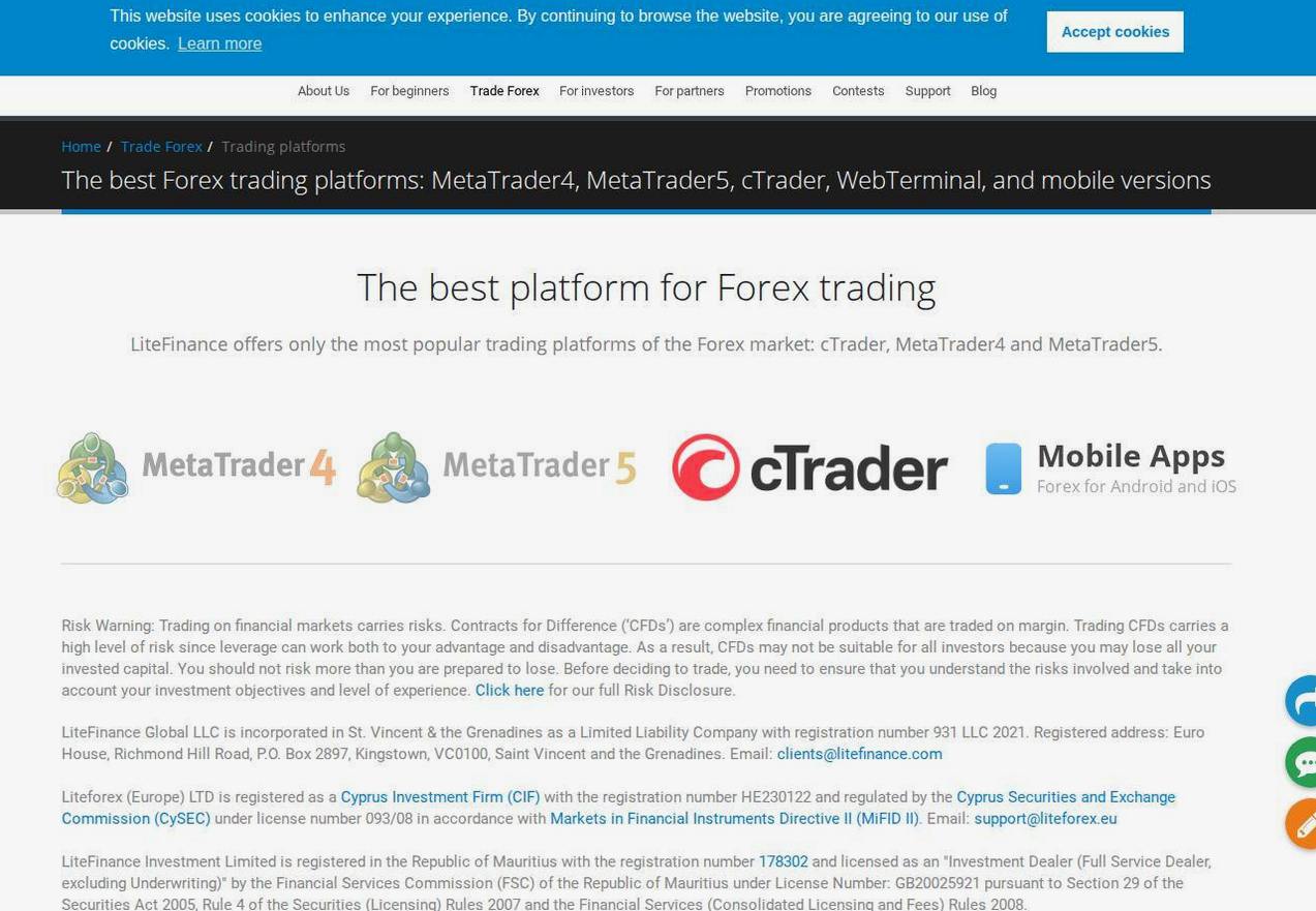 The platform page on the LiteFinance website