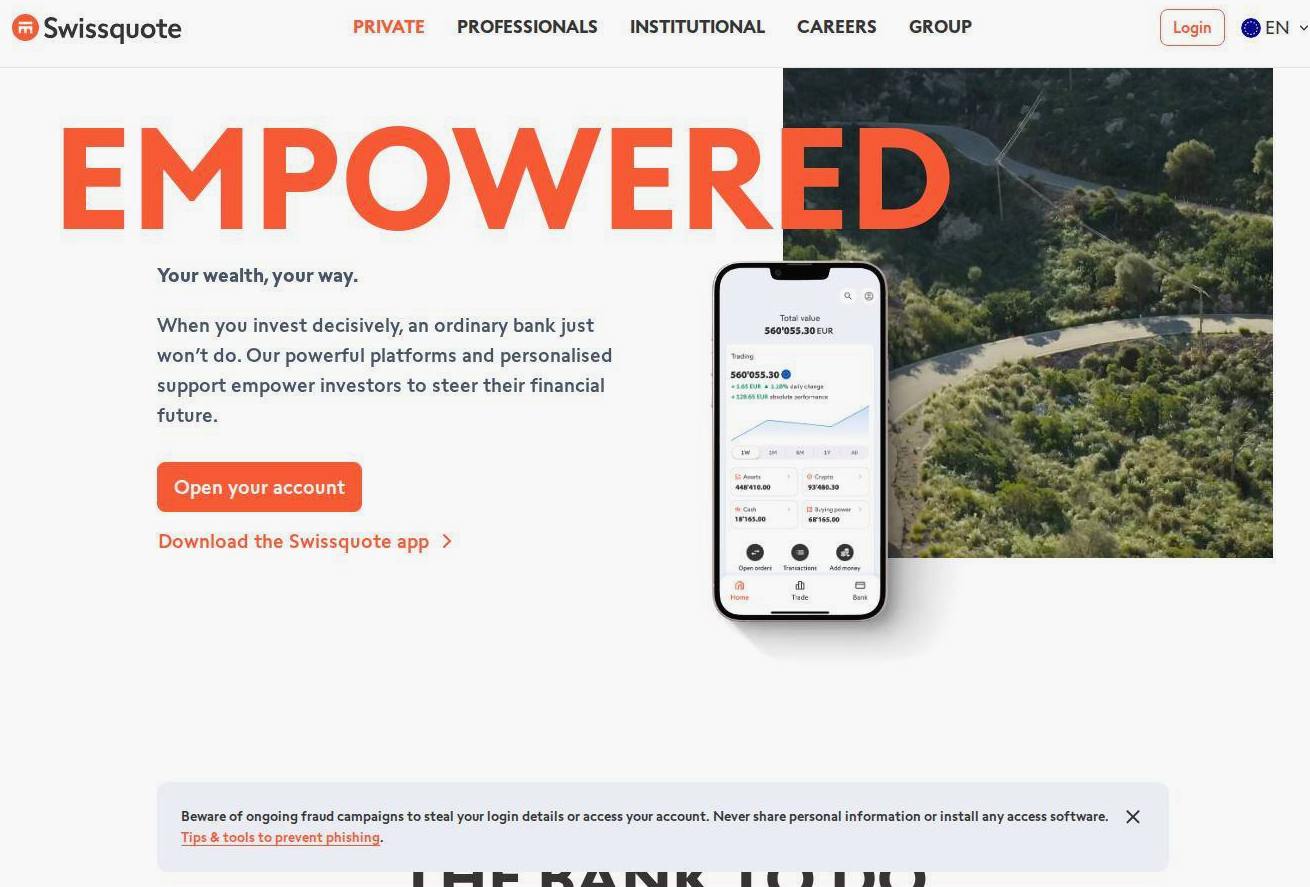 Screenshot of the Swissquote website
