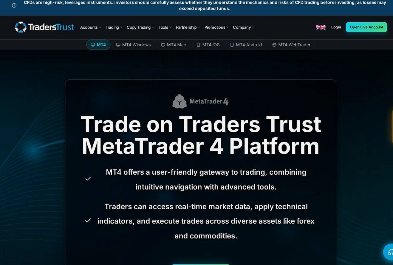 The platform page on the Traders Trust website