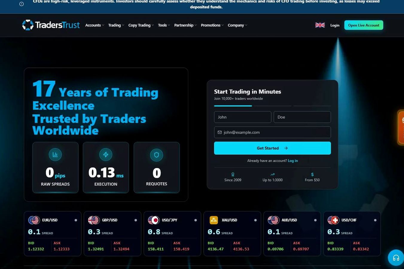 Screenshot of the Traders Trust website