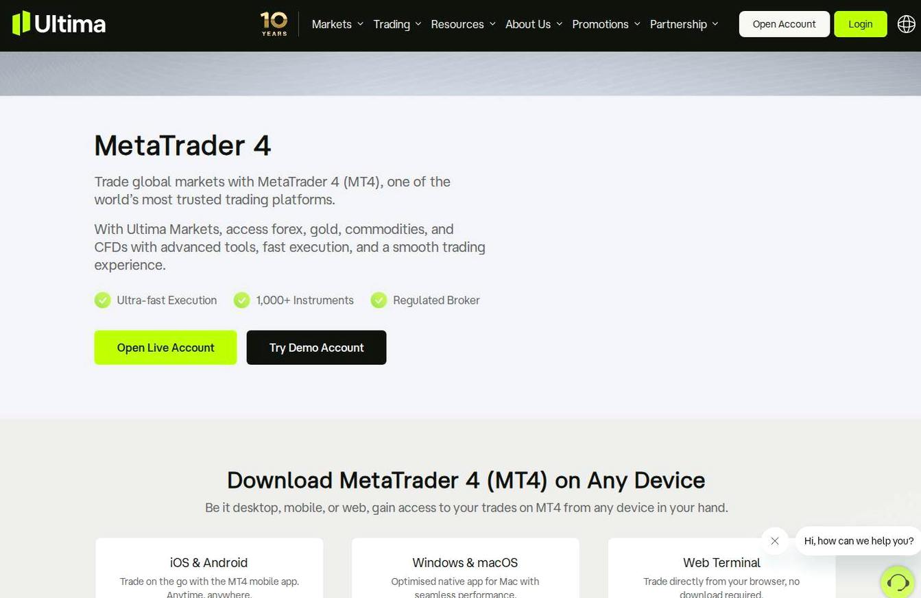 The platform page on the Ultima Markets website