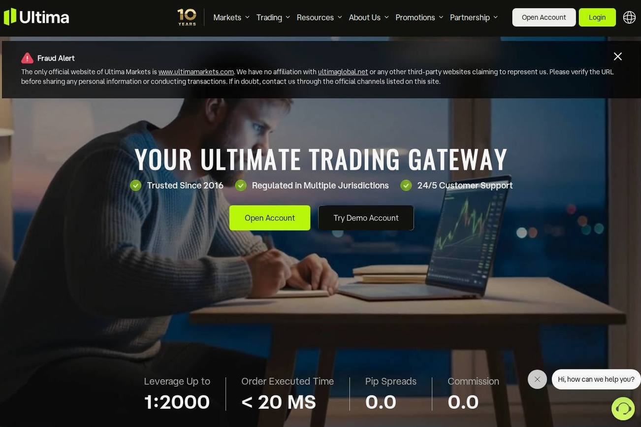 Screenshot of the Ultima Markets website