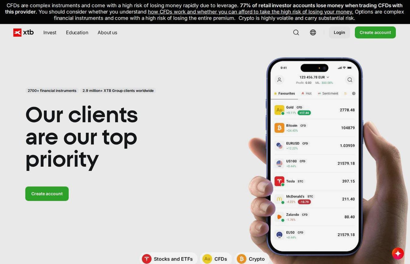 Screenshot of the XTB website